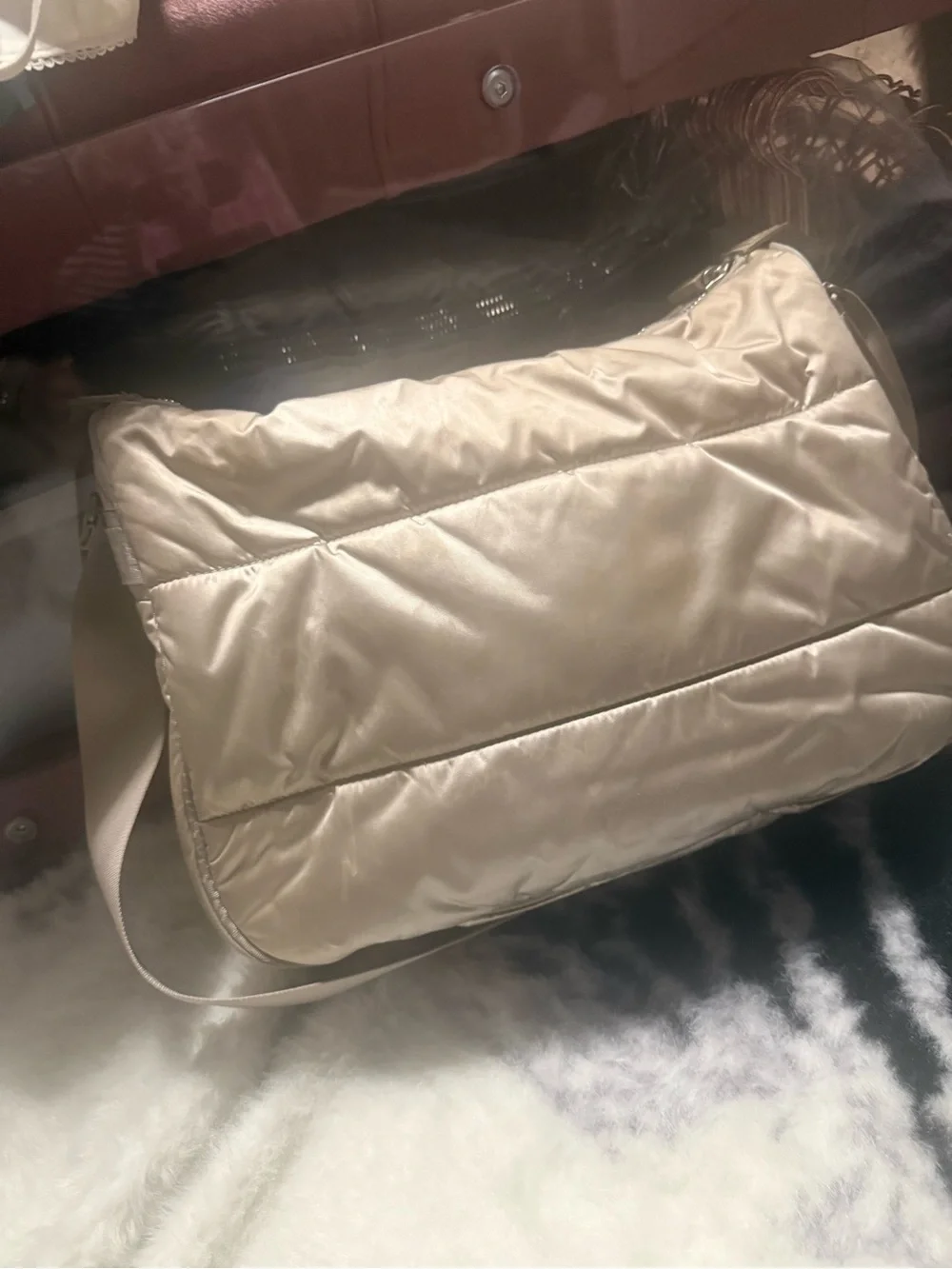 CHANEL Beige Quilted Nylon CC Logo Shoulder Bag
